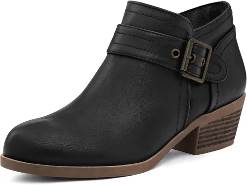 Vista 11 de mysoft Botas de tobillo para mujer, tacón bajo y grueso, cómodas botas de punta redonda con cremallera lateral Ante negro