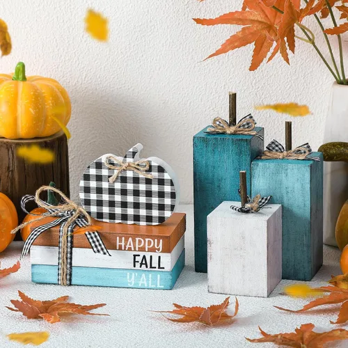 Vista 6 de Bencailor - 7 piezas de decoración de otoño de madera de calabaza azul para Acción de Gracias