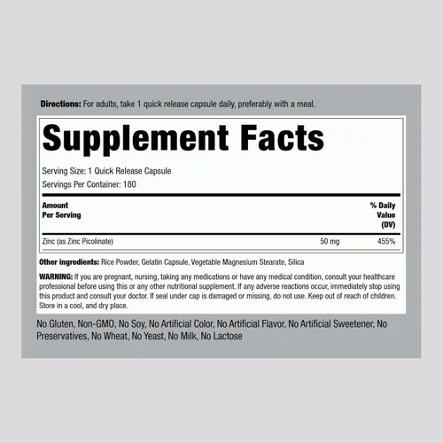 Vista 2 de Picolinato de zinc (zinc de alta absorción) 50 mg 180 cápsulas