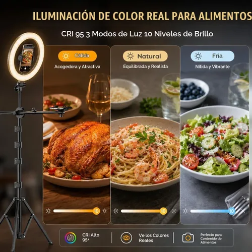 Vista 5 de Soporte de luz para trípode mejorado con 2 brazos telescópicos, trípode de luz de anillo de 67 pulgadas para iPhone y Android, soporte de teléfono