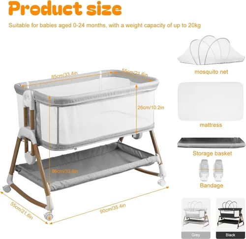 Vista 2 de Cuteam 3 in 1 Baby Bassinet with Rocking Mode and Bedside Crib Design Grey