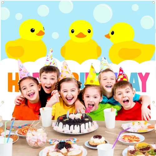 Vista 6 de Lindo cartel de dibujos animados de pequeño pato amarillo feliz cumpleaños revelación de género pato pato pato niños fiesta baby shower foto