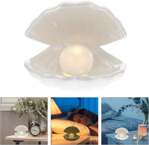 Vista 8 de IMIKEYA Shell Pearl Light White Ceramic LED Pearl in Shell Luz nocturna Escritorio portátil inspirado en el océano Lámpara de concha para dormitorio