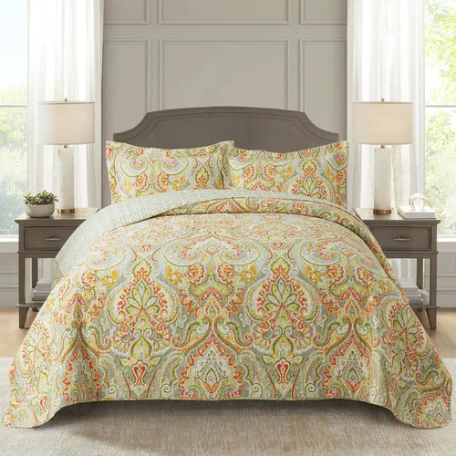 Vista 14 de NEWLAKE - Juego de cubrecama reversible de microfibra bordada con patrón floral en relieve en jacquard beige, tamaño queen