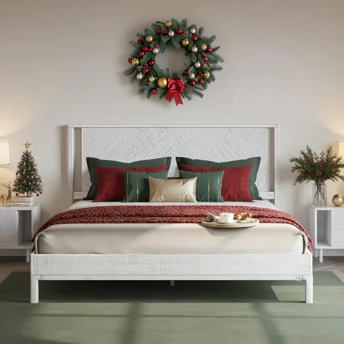 Vista 16 de Bme Ethan - Base de cama Queen con cabecera de diamante, moderna de mediados de siglo, madera de acacia maciza, no necesita somier, se adapta a