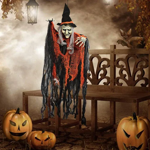 Vista 6 de JOYIN Paquete de 3 fantasmas colgantes de 35 pulgadas, decoración de calabaza para colgar de Halloween, decoración de Halloween al aire libre