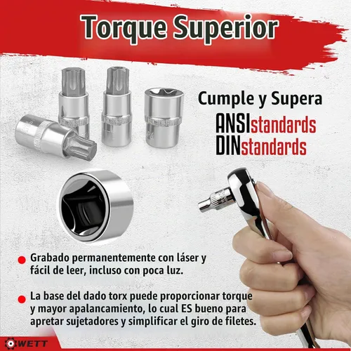 Vista 6 de WETT Master Torx Bit Socket y Juego de Enchufe Torx Externo, Juego de 60 Piezas de 1/4", 3/8", 1/2" de Unidades de Enchufes de Broca E-Torx
