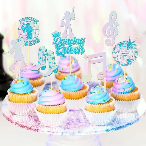 Vista 4 de 24 piezas de decoración de cupcakes de reina bailarina con brillantina, bola de discoteca, notas musicales, cantante, baile, cupcakes, temática