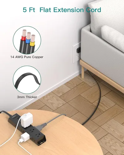 Vista 7 de Cable de extensión de pared plano - Regleta protectora de sobretensiones con 12 tomas, 5 pies, extensor de salida con múltiples tomas, montaje