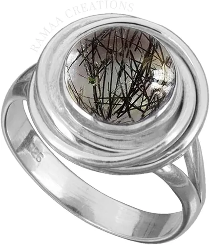Vista 4 de Black Rutilated Quartz Ring Natural Round Cabochon Black Rutile Ring Sterling Silver 925 Handmade Jewelry