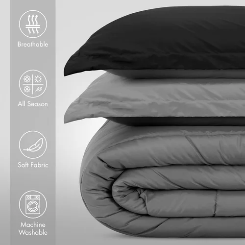 Vista 2 de Utopia Bedding - Juego de edredón reversible para todas las estaciones en negro y gris con 2 fundas de almohada, juego de ropa de cama de microfibra