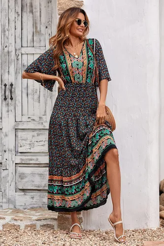 Vista 3 de PRETTYGARDEN - Vestido casual de playa y de verano para mujer de estilo bohemio manga corta cuello en V y con estampado floral maxi vestidos largos