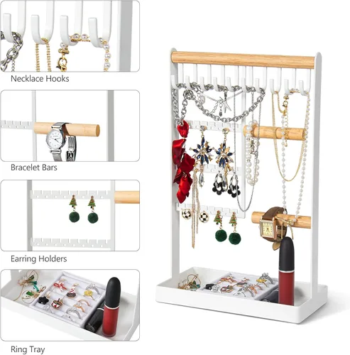 Vista 4 de CONBOLA Organizador de soporte de joyería, organizador de joyería de madera de 5 niveles con soporte para pulsera, agujeros para aretes, bandeja