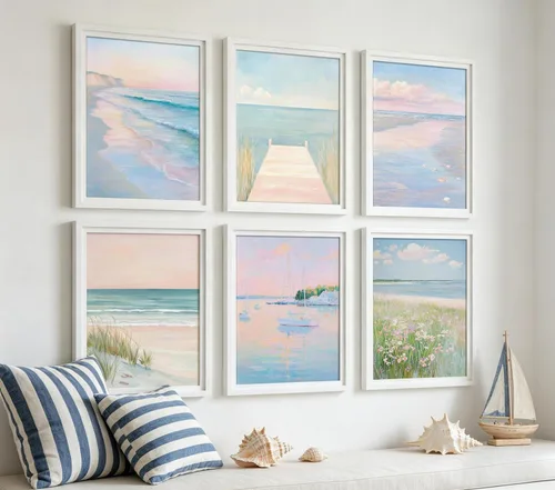 Vista 2 de DULASI Juego de 6 lienzos de paisaje costero de playa, impresiones en lienzo de océano rosa y azul, cuadros abstractos de paisaje marino de verano