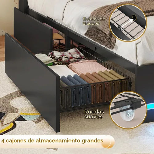Vista 6 de VIAGDO Marcos de Cama Individuales con Cabecera de Estantería, Marco de Cama de Madera Tamaño Individual con Estación de Carga, 4 Cajones de Negro