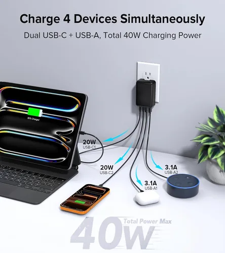 Vista 5 de [Paquete de 2] Cargador de pared plano multipuerto USB-C de 40 W, bloque