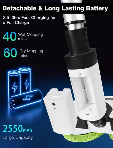 Vista 2 de Eous - Trapeador eléctrico inalámbrico, limpiador de suelo autopropulsado con faros LED y rociador de agua, limpiador giratorio de doble motor