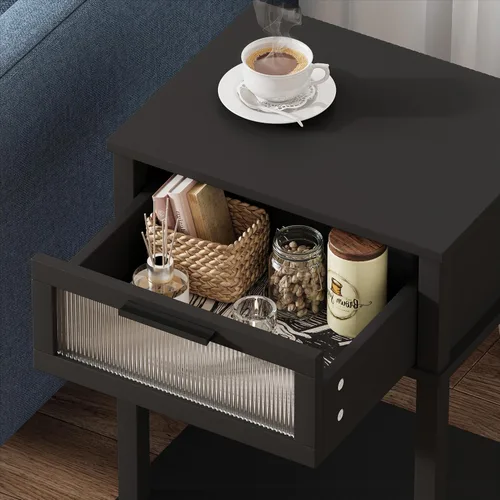 Vista 8 de Mesita de noche de madera con cajón, mesita de noche negra, estilo moderno, mesa auxiliar pequeña con estante de almacenamiento para dormitorio