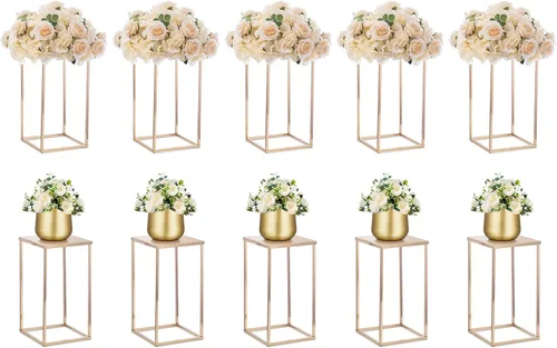 Vista 10 de Nuptio Jarrón de metal negro, 2 piezas de 15.7 pulgadas de alto, jarrones cilíndricos y cuadrados para centros de mesa, decoraciones para el hogar