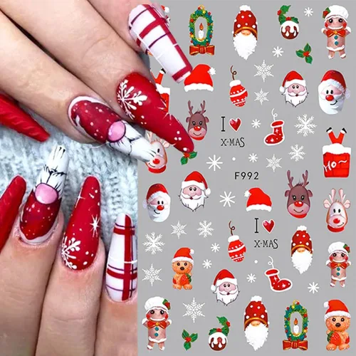 Vista 7 de 10 calcomanías de uñas de Navidad de invierno para mujeres, dibujos animados 3D, alce, muñeco de nieve, campanas de Papá Noel, copo de nieve