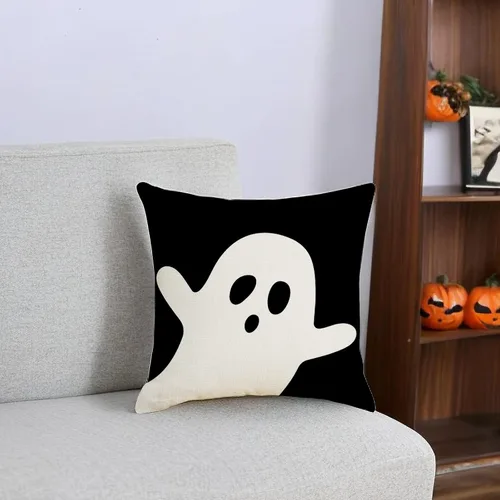 Vista 8 de Juego de 2 fundas de almohada de Halloween de 16 x 16 pulgadas, decoración de fantasma blanco negro, funda de almohada de lino para el hogar, sofá