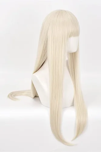 Vista 3 de Peluca rubia crema larga y recta con flequillo para niñas, pelucas de fiesta de disfraces de Halloween