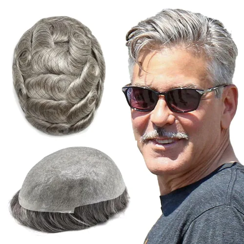 Vista 49 de Pieza de pelo para hombre, sistema de reemplazo de cabello de piel ultra fina para hombres, pieza de pelo de tupé para hombres, cabello humano real