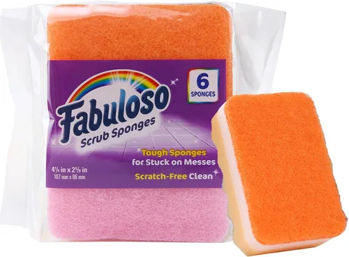 Vista 13 de Esponjas Fabuloso, Púrpura - Limpiador sin arañazos para platos y superficies - Esponja para lavar platos para una experiencia de limpieza audaz