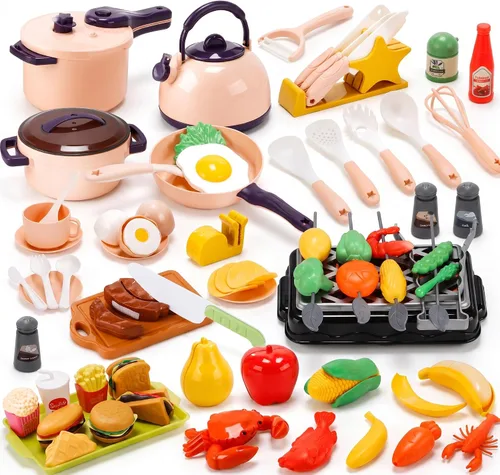 Vista 10 de CUTE STONE Juego de cocina para niños 73PCS con comida de simulación y Amarillo