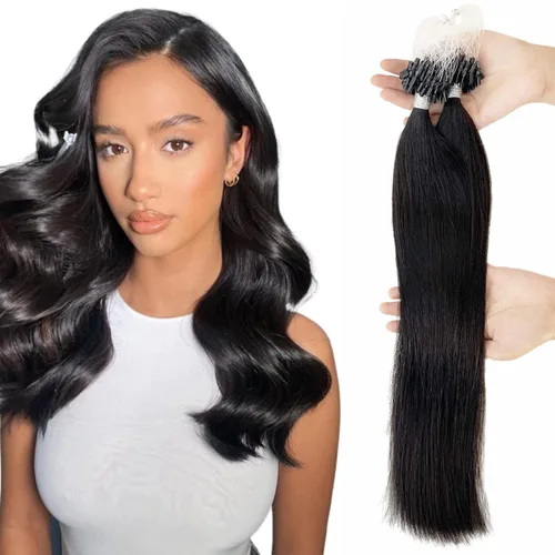 Vista 29 de Extensiones de cabello humano microlink de 16 pulgadas, extensiones de cabello natural suave de microcuentas, color #1 negro azabache, 100% cabello