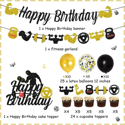 Vista 2 de Decoraciones de fiesta de cumpleaños para gimnasio, decoraciones de fiesta temática de fitness negro y dorado para hombres, suministros de fiesta