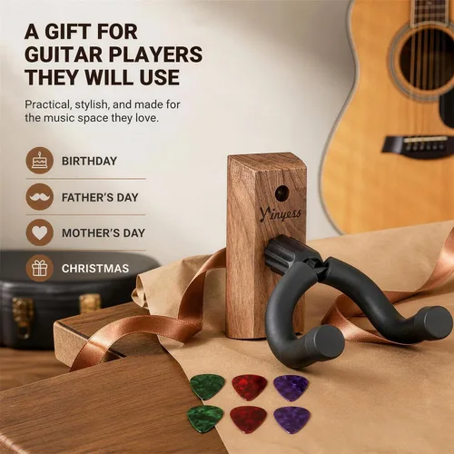 Vista 8 de Soporte de pared para guitarra, paquete de 3 con soporte para púas y 6 púas de celuloide, colgador de guitarra de madera de nogal en forma de U
