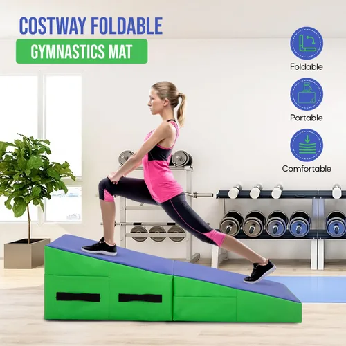 Vista 2 de Colchoneta de gimnasia inclinada, esterilla de yoga para gimnasio en casa, alfombrilla de ejercicio plegable con superficie de poliuretano Azul
