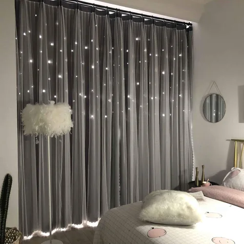 Vista 17 de UNISTAR - 2 paneles de cortinas opacas y transparentes con estrellas para dormitorio de niñas, niños, habitación de bebé, cortinas de doble capa
