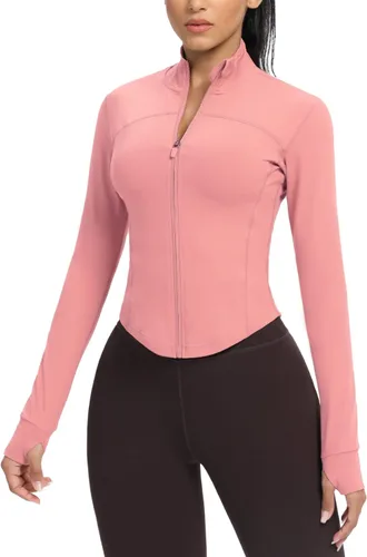 Vista 52 de AVGO Chaquetas de entrenamiento recortadas para mujer, con cremallera, ajustadas, atléticas, con agujeros para el pulgar