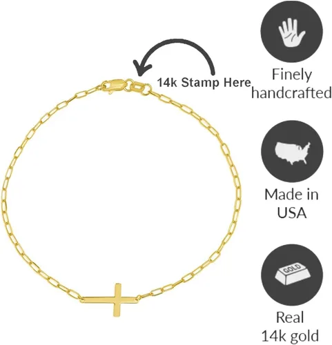 Vista 2 de Pulsera de cadena de clip con cruz lateral de oro amarillo de 14 quilates con cierre de langosta