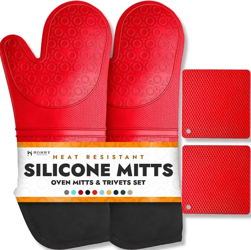 Vista 16 de HOMWE - Manopla de horno profesional y extralarga de silicona, guantes con forro acolchado, agarraderas resistentes al calor, guantes flexibles