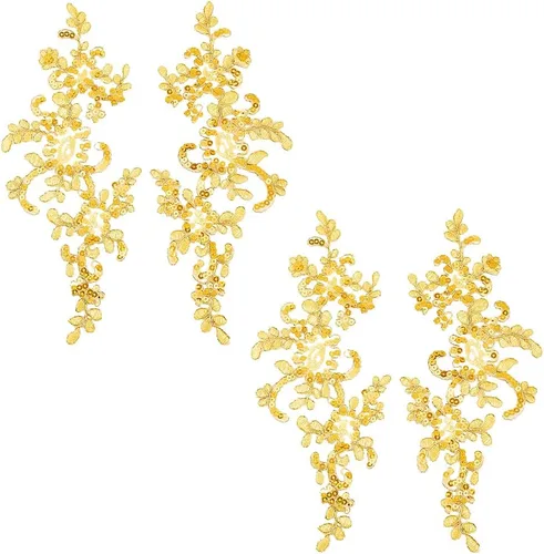 Vista 8 de 4 parches bordados para vestido de novia con flores de encaje de 9 x 4 pulgadas, parches de flores de hojas doradas, apliques florales, vestido