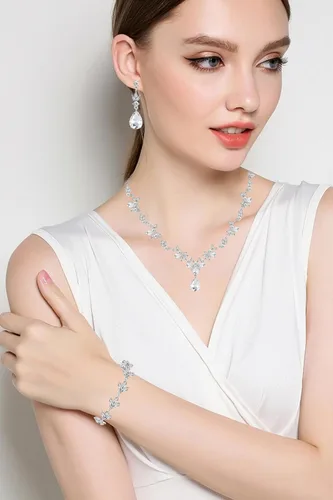 Vista 4 de Paxuan Juego de joyas florales elegantes para mujeres, noviasdamas de honor, conjunto de joyas de cristal para boda, baile de graduación, fiesta
