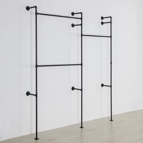 Vista 7 de Perchero industrial montado en la pared para ropa de tubería vintage con ruedas en la pared, marco de ropa de metal dorado rústico resistente