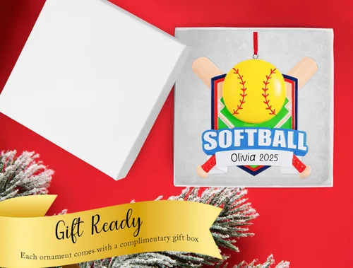 Vista 4 de Adorno de Navidad personalizado de sóftbol 2025 Decoración de árbol de Navidad de murciélagos de sóftbol y bola para niñas y niños Regalo