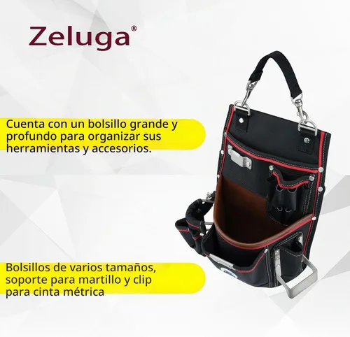 Vista 5 de Zeluga 20-539 - Bolsa de herramientas profesional resistente con soporte para martillo y clip de cinta Nylon balístico 1680D + cuero genuino