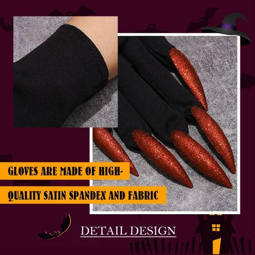 Vista 4 de Asooll Guantes de moda con uñas, guantes de fiesta, garras de gato, guante de lobo de Halloween, disfraz de fantasma para mujeres y niñas