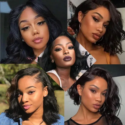 Vista 7 de Peluca de cabello humano estilo Bob para mujeres negras, 4x4, sin pegamento, encaje frontal, pelucas de cabello humano prearrancadas cortas
