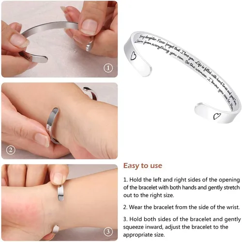 Vista 4 de Fesciory - Brazaletes inspiradores y motivadores para mujer, de acero inoxidable, con grabado personalizable y con texto en inglés Keep Going