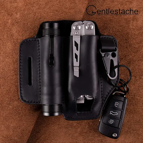 Vista 4 de Gentlestache Funda de cuero para Leatherman Multitool - Organizador de bolsillo EDC con soporte para llaves y funda de linterna, color negro