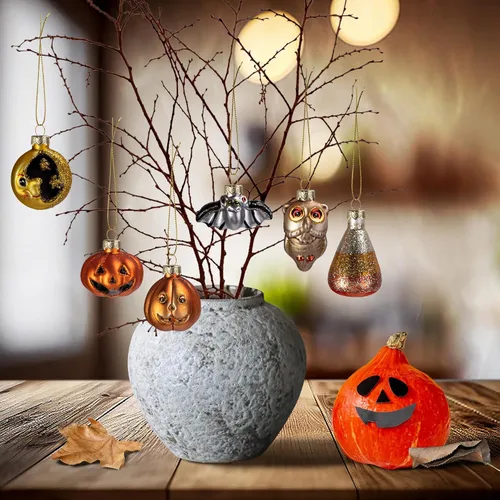 Vista 6 de Deloky 6 adornos colgantes de vidrio soplado de Halloween, decoración de Halloween, decoración de árbol de vidrio, adornos de Halloween, murciélago