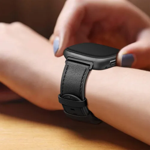 Vista 4 de Fintie Bandas compatibles con Fitbit Versa 4 3 / Sense 2 1, correa de repuesto de cuero genuino (negro)
