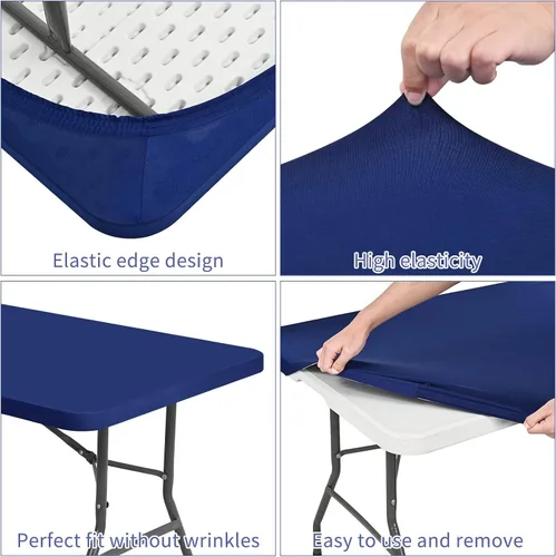 Vista 4 de Paquete de 12 manteles de elastano, fundas elásticas de color azul marino para mesas de 6 pies, protector de mantel rectangular elástico