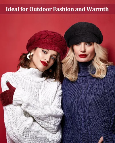 Vista 15 de SATINIOR Juego de 4 gorros y guantes de invierno para mujer, gorro de punto cálido, gorro de esquí de nieve con visera y guante para pantalla rojo